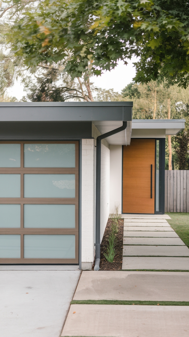 Where minimalist architecture meets modern luxury. A seamless blend of glass, metal, and crisp white lines creates an inviting entrance, promising a sophisticated interior beyond. The sleek garage door is a statement piece, perfectly complementing the warm tones of the wooden front door and the lush greenery surrounding this stunning home.