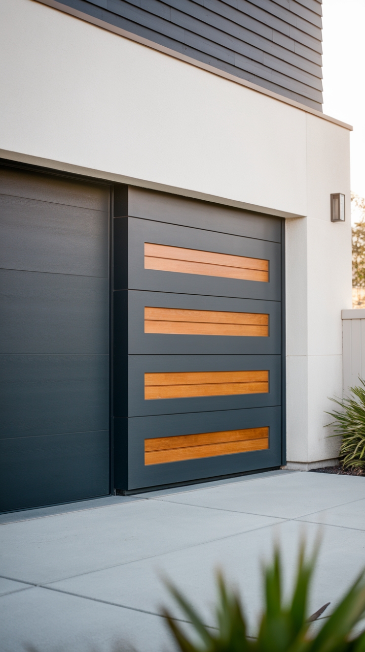 Where modern meets minimalist. This striking dark grey garage door, crafted from horizontal wooden slats, commands attention with its sleek design and sophisticated texture. The soft focus background subtly highlights the door's innovative style, a perfect blend of form and function for the contemporary home.