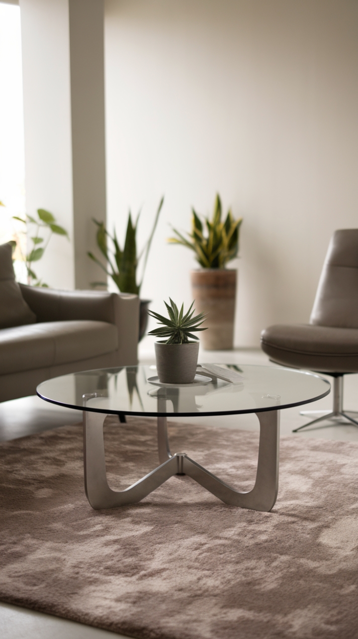 Uncluttered and chic, this minimalist haven showcases the beauty of simplicity. A statement-making circular coffee table, crafted from glass and metal, anchors the space, its reflective surface bouncing light and amplifying the airy feel. The perfect blend of form and function for the modern homeowner.