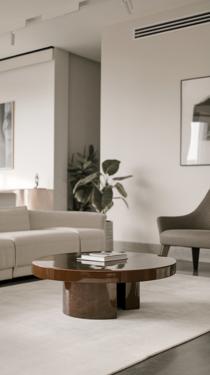 This modern living room showcases a stunning minimalist coffee table, featuring a glossy black finish and a chic circular silhouette that draws the eye. Positioned on a soft white rug, the table serves as a striking focal point amidst the clean lines of the room, where white walls and thoughtfully selected art pieces enhance the overall aesthetic. With a stylish sofa, a contemporary chair, and a lively plant, this space radiates a refined yet inviting atmosphere, perfect for both relaxation and entertaining.
