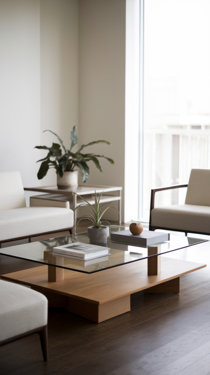 Sunlight streams into this minimalist haven, illuminating a sleek wood and glass coffee table styled with understated elegance. Neutral tones and clean lines create a sanctuary of calm, where modern comfort meets sophisticated simplicity. The dark wood floors ground the space, adding warmth to the airy aesthetic.