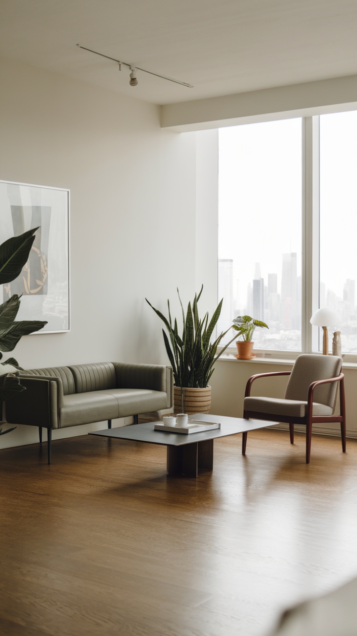 This stunning modern home embodies the essence of minimalist decor, where simplicity meets sophistication. The pristine white walls create a serene backdrop for the sleek contemporary furniture, including a chic sofa, a stylish coffee table, and a sculptural chair that invites relaxation. A large window frames a breathtaking view of the city skyline, flooding the space with natural light and connecting the indoors with the vibrant urban landscape outside. The warm wooden floor adds a touch of warmth, while strategically placed potted plants bring a refreshing burst of greenery, harmonizing nature with modern living.