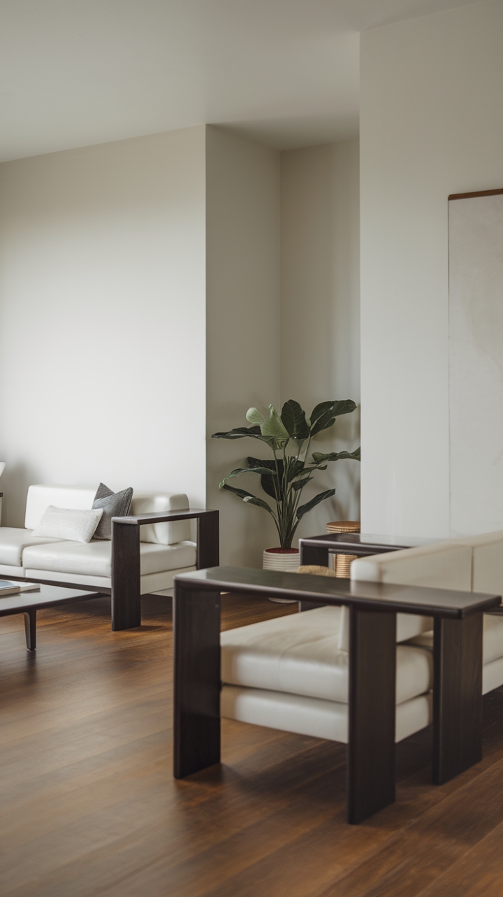 This stunning modern home embodies the essence of minimalist decor, where sleek lines and a dark-finished contemporary furniture set the stage for sophistication. A crisp white sofa adorned with a few thoughtfully placed cushions invites relaxation, while a chic coffee table anchors the space in front of it. In the corner, a vibrant potted plant adds a touch of life, contrasting beautifully with the pristine white walls that enhance the airy feel. The warm wood flooring grounds the room, creating a harmonious balance that is both inviting and stylish.