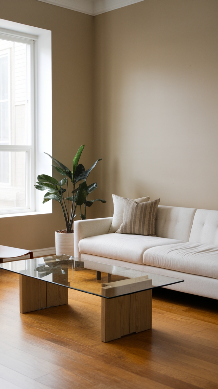 This modern minimalist living room exudes a serene elegance, where simplicity meets sophistication. The crisp white sofa, adorned with a few carefully chosen throw pillows, invites relaxation, while the sleek wooden coffee table with its glass top adds a touch of contemporary flair. A vibrant potted plant near the window breathes life into the space, harmonizing beautifully with the warm beige walls that create a cozy backdrop. The rich hardwood floors ground the room, enhancing the overall sense of warmth and tranquility.