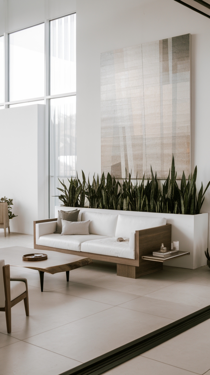 In this chic minimalist living room, contemporary aesthetics take center stage, showcasing a white sofa that radiates tranquility with its carefully placed cushions. Lush plants punctuate the space, adding a touch of nature to the urban vibe. The large abstract painting on the wall creates a stunning backdrop, while the wooden coffee table offers a warm contrast to the sleek tiled floor. With generous windows flooding the room with light, this bright and spacious retreat is a perfect example of modern living at its finest.