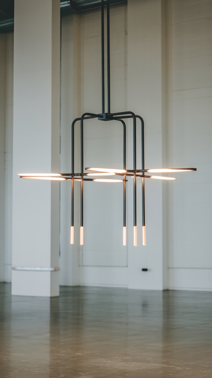 This stunning pendant light redefines modern elegance with its sleek, minimalist chandelier design. Featuring several gracefully extending arms, each adorned with a small, circular bulb, it casts a warm, inviting glow throughout the spacious room. Suspended from a lofty ceiling, the fixture becomes a striking focal point against the backdrop of pristine white walls and a polished concrete floor, creating a harmonious blend of contemporary style and industrial chic.