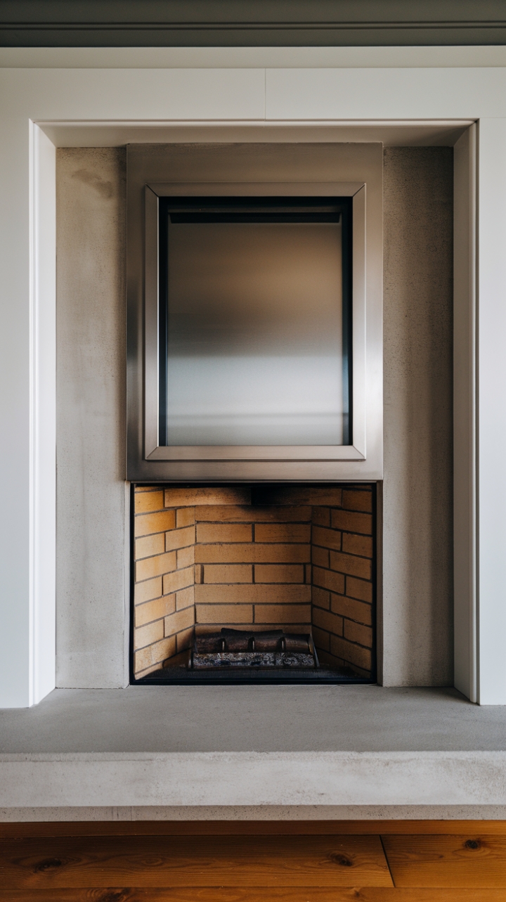 Sculptural minimalism meets modern warmth. This fireplace's clean lines and concrete hearth create a captivating focal point, its glass panel offering a mesmerizing glimpse of the fire within. The metallic accent above adds a touch of unexpected glamour.
