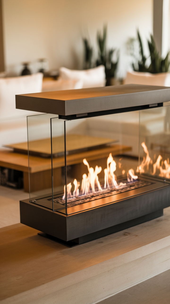Unleash the drama. This minimalist black metal and glass fireplace, perched on a warm wood platform, commands attention. Its sleek design and captivating firelight create a focal point that seamlessly blends modern sophistication with cozy warmth. The perfect centerpiece for a living room that balances clean lines with inviting comfort.