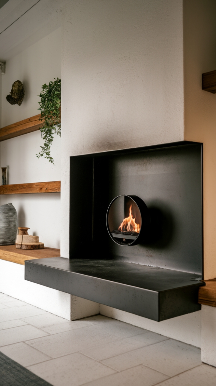 Sculptural and sleek, this minimalist black metal fireplace commands attention. Its circular fire feature is a captivating focal point, set against a pristine white backdrop punctuated by subtle, curated décor. The elevated hearth adds an architectural touch to this modern masterpiece.