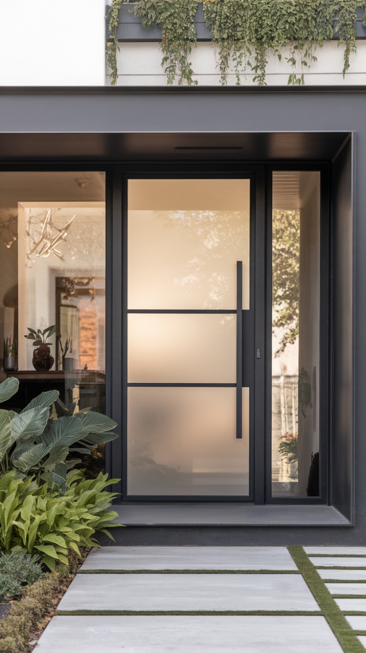 The modern facade of this home captivates with its sleek front door, a stunning minimalist design that features a frosted glass panel encased in a matte black frame. Set against a stylish entrance that includes a quaint patio and thoughtfully arranged plants, the space exudes an urban sophistication. With its clean lines and harmonious monochromatic palette, this home stands as a testament to contemporary design, merging functionality with striking visual appeal.