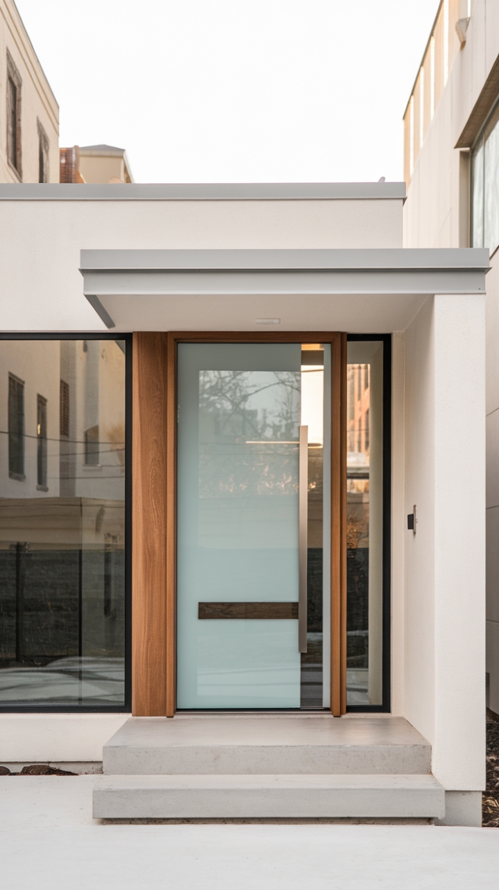 A contemporary haven in the heart of the city. This home's architectural lines are as sharp and defined as its stunning glass and wood front door, a focal point that speaks volumes about the refined style within. Large windows offer glimpses of the light-filled interior, hinting at the sophisticated living that awaits.