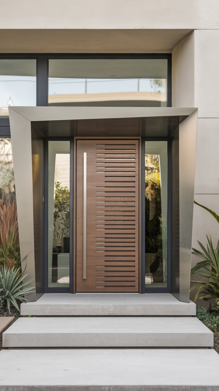 A study in contemporary design, this home's facade is defined by its captivating front door. The horizontal wood grain whispers warmth against the cool grey backdrop, while the architectural details of the frame speak volumes about refined taste. A perfect blend of texture and tranquility.