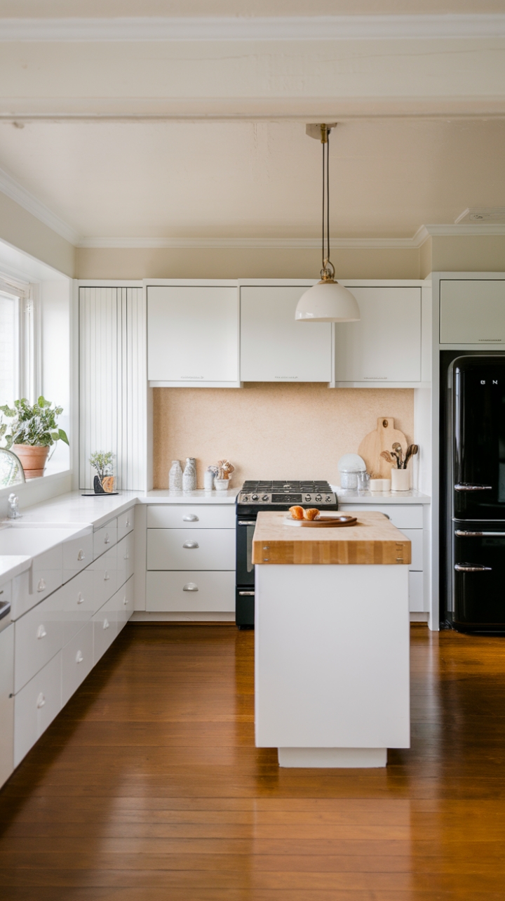 Clean lines and a calming palette define this open-concept kitchen. White cabinets and a striking black refrigerator are balanced by the organic warmth of a butcher block island and textured beige backsplash. Pendant lighting adds a touch of refined glamour, while the hardwood floors and potted plant bring in natural elements for a space that's both stylish and inviting.