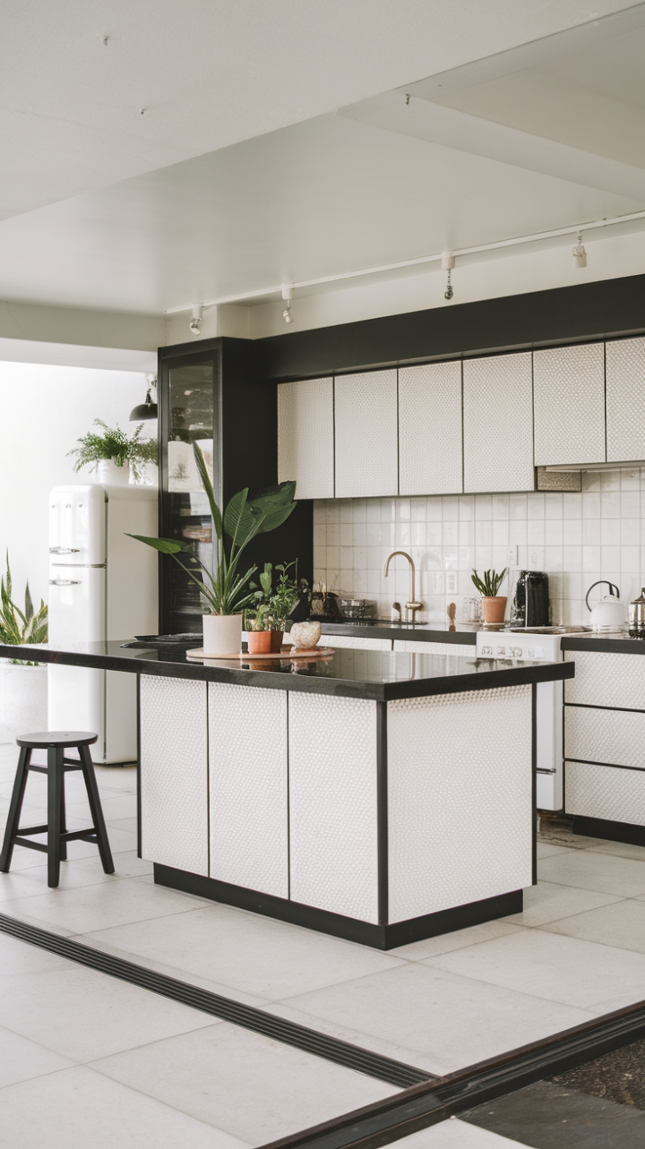 This stunning urban kitchen embodies contemporary minimalism with its sleek lines and open-concept design, creating a harmonious blend of functionality and style. The striking black and white color scheme is beautifully accented by vibrant greenery from potted plants and colorful utensils, adding a refreshing touch to the space. A large island with a sophisticated black countertop serves as the centerpiece, complemented by textured white cabinets and a chic backsplash that adds depth and interest. The modern white refrigerator and oven, featuring bold black handles, seamlessly integrate into the design, while a stylish black stool invites casual gatherings. Large white tiles underfoot enhance the bright, clean ambiance, making this kitchen a perfect canvas for culinary creativity.