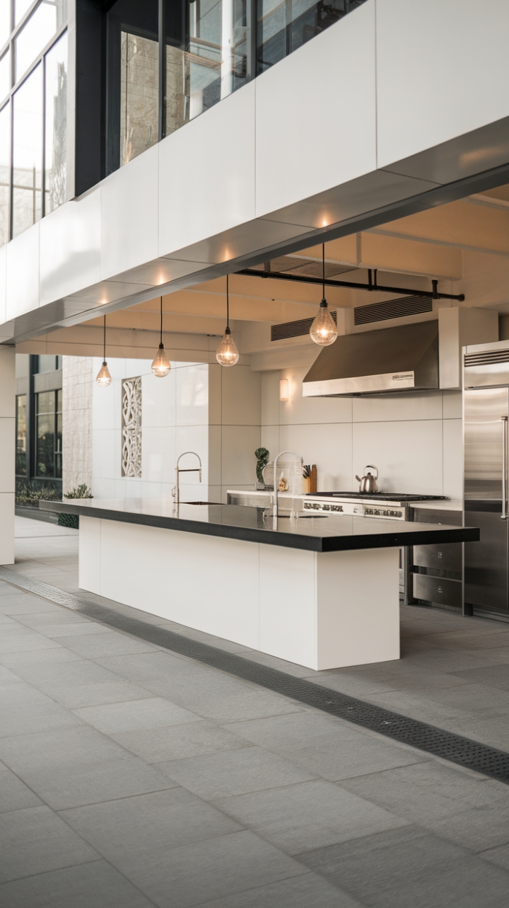 Urban chic meets minimalist cool in this open-concept kitchen. A dramatic black island countertop anchors the space, contrasting beautifully with sleek white cabinetry and stainless steel appliances. Grey tile flooring and subtle decorative accents complete the sophisticated, functional design.