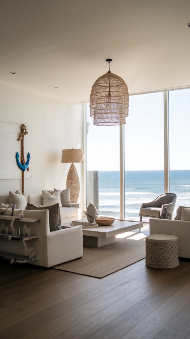 This contemporary coastal living room embodies the serene essence of beachside living, where minimalist design meets the soothing hues of the ocean. Bathed in natural light from a generous window that frames breathtaking ocean views, the space features a soft neutral palette that invites tranquility. A plush sofa and a sleek coffee table provide comfort and style, while a charming nautical rope lamp and a striking large anchor add subtle marine flair. The warm wooden floor enhances the inviting atmosphere, making this room a perfect retreat for relaxation and coastal inspiration.