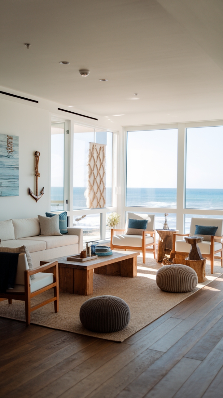 Sun-drenched and simply stunning, this modern beach house living room is the epitome of coastal cool. Clean lines, natural light, and a carefully chosen palette of blues and whites create a tranquil haven. Nautical nods, like the rope basket and decorative anchor, add personality without sacrificing the minimalist aesthetic, resulting in a space that's both stylish and supremely relaxing.