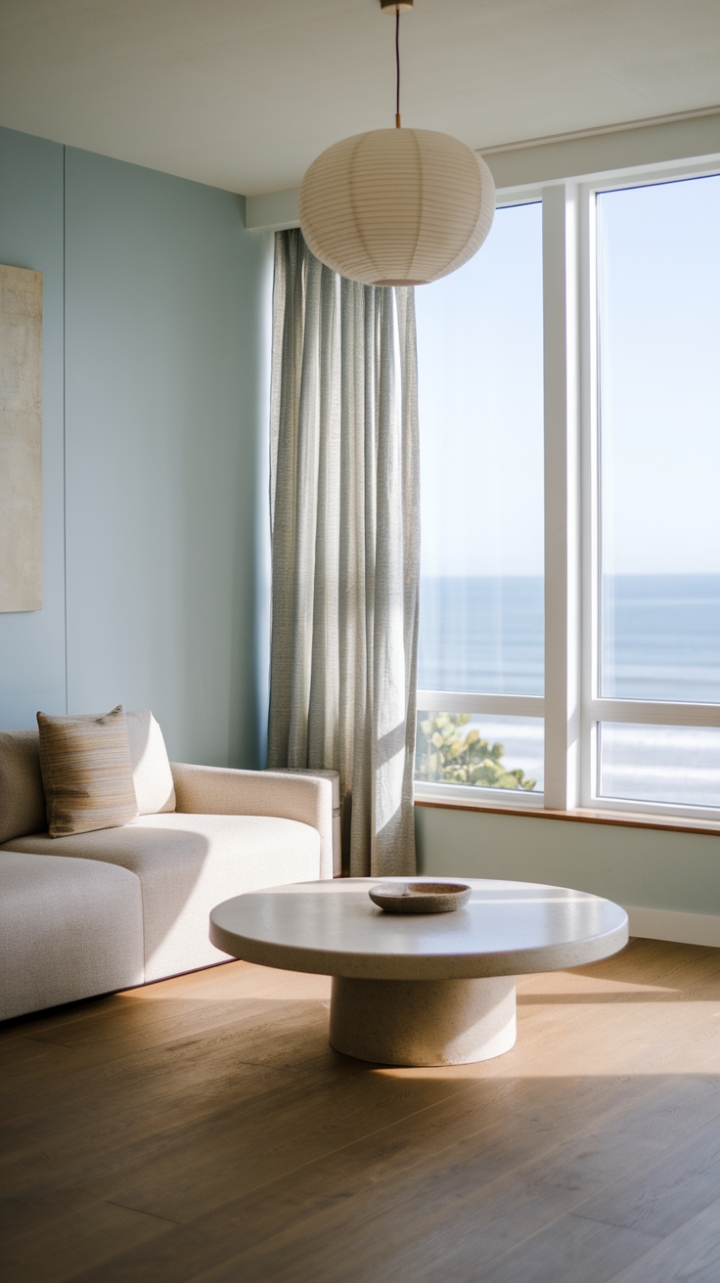 Embracing the spirit of coastal chic, this living room is a sanctuary of simplicity and style, where each element is thoughtfully curated to enhance the breathtaking ocean vista. The inviting beige sofa, accented with plush throw pillows, beckons you to unwind, while the round white coffee table serves as a chic centerpiece. Light blue walls reflect the tranquil hues of the sea, and the wooden plank flooring adds warmth and texture. A modern hanging lamp above the sofa illuminates the space, creating a cozy ambiance that invites relaxation and contemplation in this stunning beach house haven.