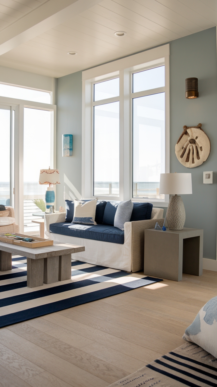 In this stunning contemporary coastal living room, the beauty of the beach is captured through a harmonious blend of minimalist decor and nautical elements. The walls, painted in soothing ocean hues, create a serene backdrop for the breezy furnishings, including a plush white sofa adorned with ocean blue cushions. A chic gray side table and a rustic wooden coffee table provide stylish functionality, while the light wood floors add warmth to the space. Accents like a blue and white striped rug and a uniquely designed lamp evoke a sense of maritime adventure, and the expansive windows invite an abundance of natural light, making this room a perfect sanctuary for coastal living.