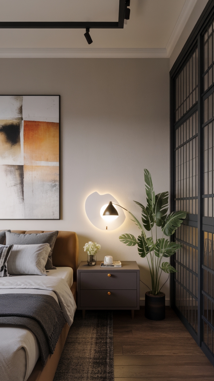 This contemporary bedroom exudes a sleek sophistication, where minimalist design meets urban charm. The crisp white walls and ceiling create an airy backdrop, allowing the warm wooden floor to add a touch of natural elegance. A stylish bed takes center stage, complemented by a chic nightstand and a modern lamp that casts a soft glow, while a vibrant plant breathes life into the space, enhancing its tranquil ambiance. Every element harmonizes to create a serene retreat that embodies modern living at its finest.