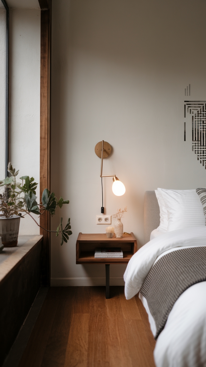 Embracing a sleek urban aesthetic, this contemporary bedroom showcases a harmonious blend of minimalist design and modern elegance. The striking white bed invites tranquility, paired beautifully with a warm wooden bedside table that adds an organic touch. A stylish wall-mounted lamp illuminates the space, while a lush plant by the window introduces a refreshing burst of greenery. With its polished wooden floor and pristine white walls, this bedroom is a serene sanctuary that balances comfort with chic sophistication.