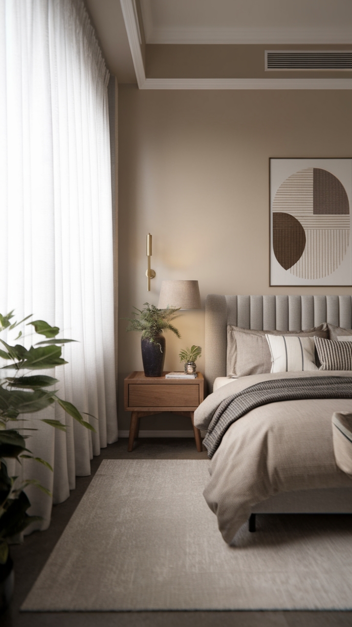 This contemporary bedroom exudes a sophisticated charm with its modern decor and minimalist design, creating a serene retreat in the heart of urban living. The chic bed, adorned with a plush grey headboard, invites relaxation, while the light grey rug adds a touch of warmth underfoot. Soft beige walls provide a calming backdrop, complemented by a sleek wooden nightstand that showcases a stylish lamp and a vibrant plant, infusing life into the space. A large window draped in white curtains allows natural light to pour in, illuminating the room and enhancing its tranquil ambiance.