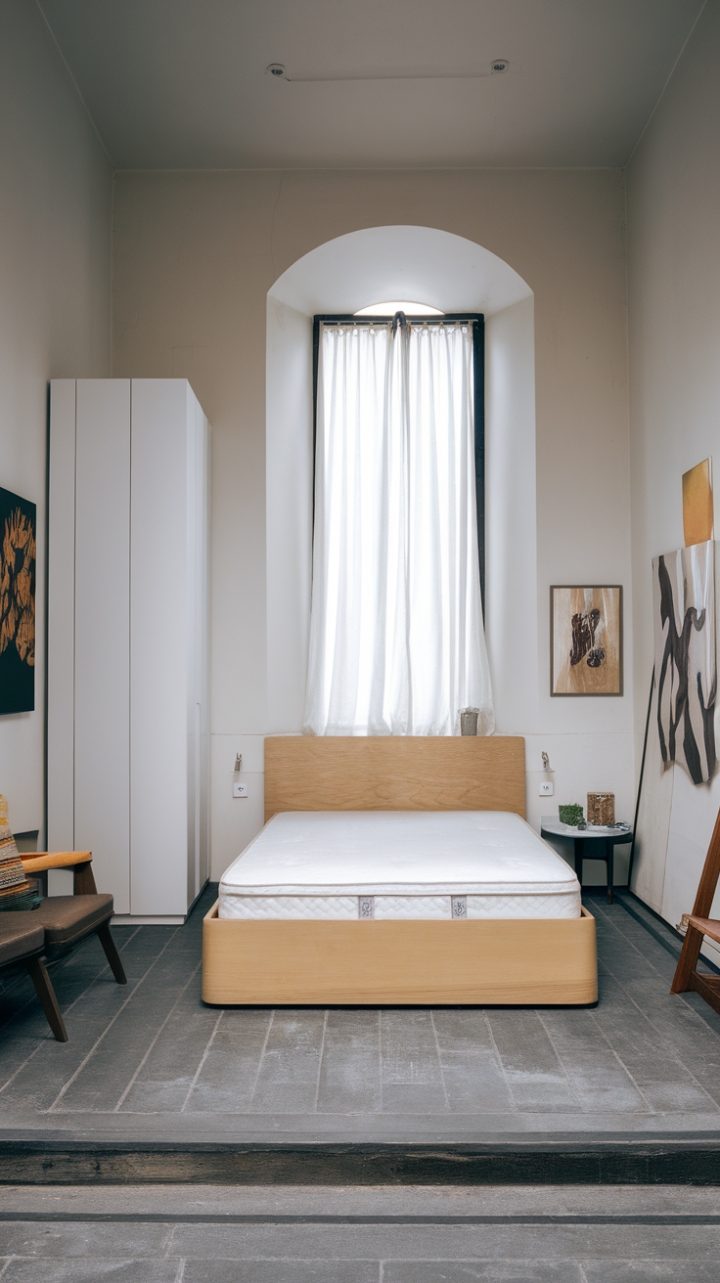 This contemporary bedroom is a stunning example of minimalist elegance, where simplicity meets sophistication in a harmonious urban setting. The pristine white walls create a bright and inviting atmosphere, framing the queen-size bed with its sleek wooden frame and crisp white mattress. A tall white wardrobe stands nearby, while the small window dressed in sheer white curtains allows soft light to cascade into the room. The grey tiled floor adds a modern edge, and the carefully arranged furniture, including a stylish side table and a chic chair, enhances the room's functionality. Thoughtful artwork and accessories punctuate the space, infusing it with character and making it a tranquil haven for rest and creativity.