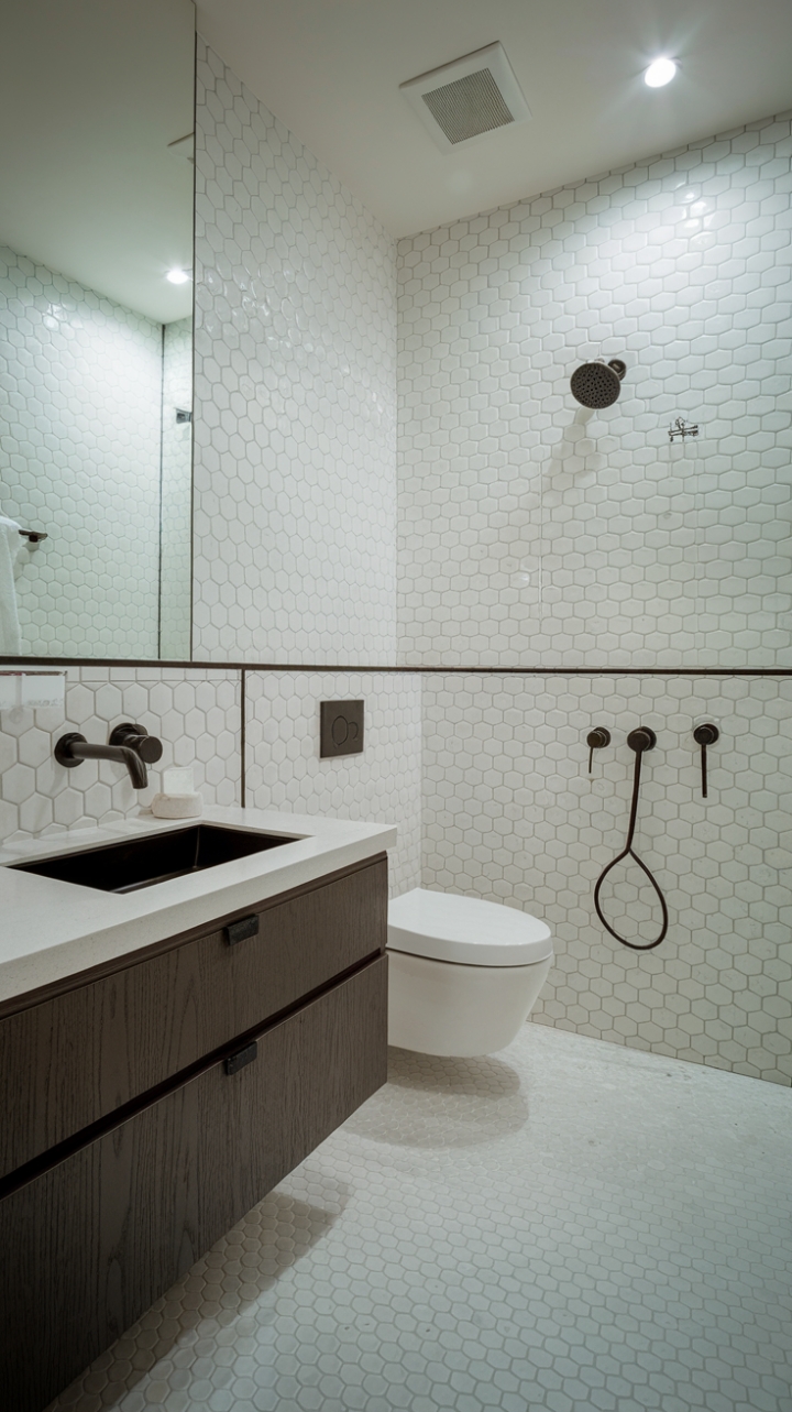 Modern minimalism reigns in this exquisitely designed powder room. A crisp white countertop contrasts sharply with a matte black sink, while the wall-mounted fixtures maximize space and amplify the room's airy feel. Chic, guest-friendly, and utterly captivating.