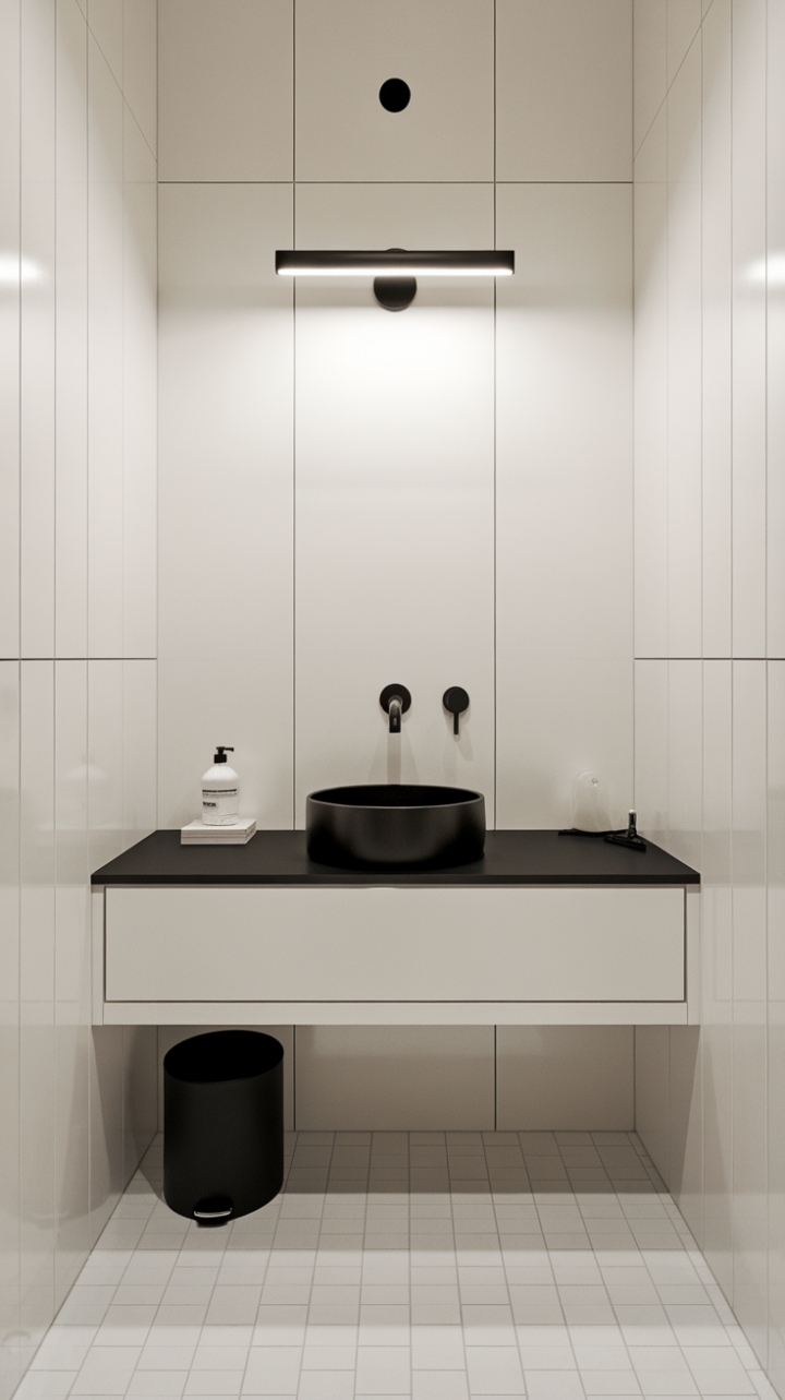 This modern minimalist powder room exudes sophistication with its sleek white vanity paired with a striking black countertop and a chic round sink that serves as a focal point. The understated elegance continues with a stylish black light fixture overhead, casting a warm glow that enhances the pristine white walls adorned with subtle, round cutouts. Complementing the design, a black trash can discreetly blends into the aesthetic, while the pristine white tiles underfoot create a seamless and airy ambiance, making this space a perfect blend of functionality and contemporary style.