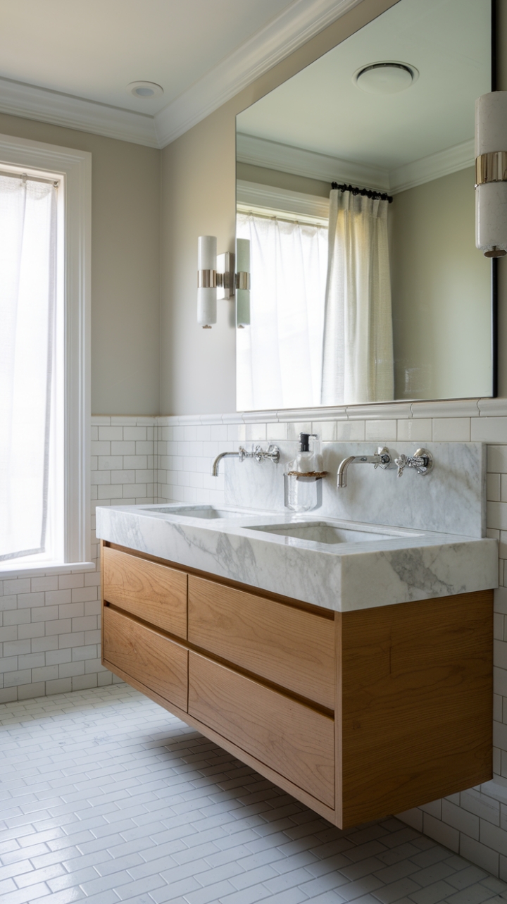 A harmonious blend of style and functionality defines this contemporary powder room, where a sleek vanity with a luxurious marble countertop and dual under-mount sinks takes center stage. The wall-mounted faucet, adorned with a refined lever handle, adds a touch of modernity, while the expansive mirror above, illuminated by decorative lights, enhances the room's brightness. White subway tiles grace the floor, offering a classic touch, and a window dressed with a soft curtain invites natural light to dance across the light gray walls, creating a tranquil retreat that balances beauty and practicality.