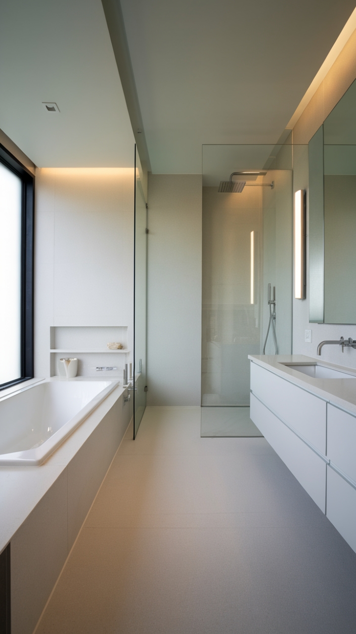 Experience the epitome of contemporary luxury in this pristine white bathroom. The spacious layout, featuring a freestanding tub with hidden storage and a rejuvenating rainfall shower, is a testament to sophisticated design. Subtle lighting and large format tiles complete the picture of tranquil sophistication.