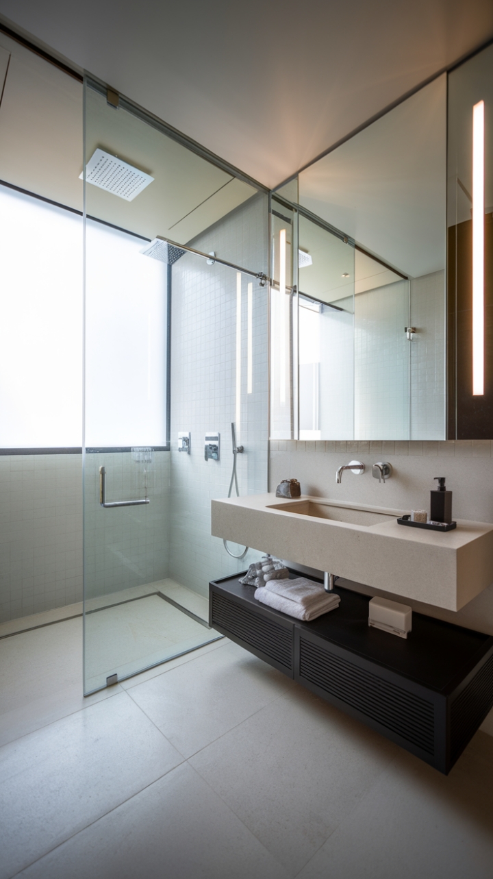 Indulge in the serene sanctuary of this minimalist bathroom, where sleek fixtures and bright lighting create a haven of luxurious simplicity. The pristine white tiles, glass shower enclosure, and subtly textured wall tiles combine to form a space that's both calming and exquisitely modern.